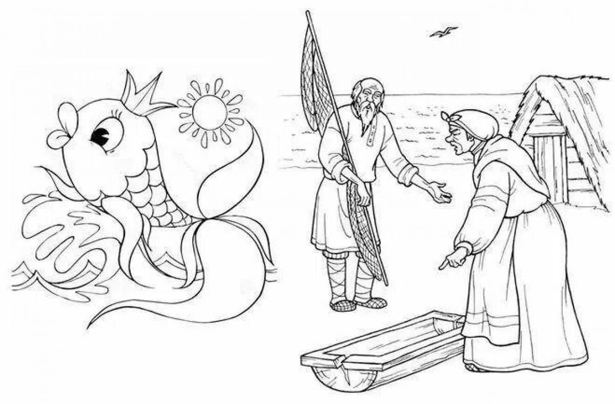 Surreal coloring book for the tale of the fisherman and the fish