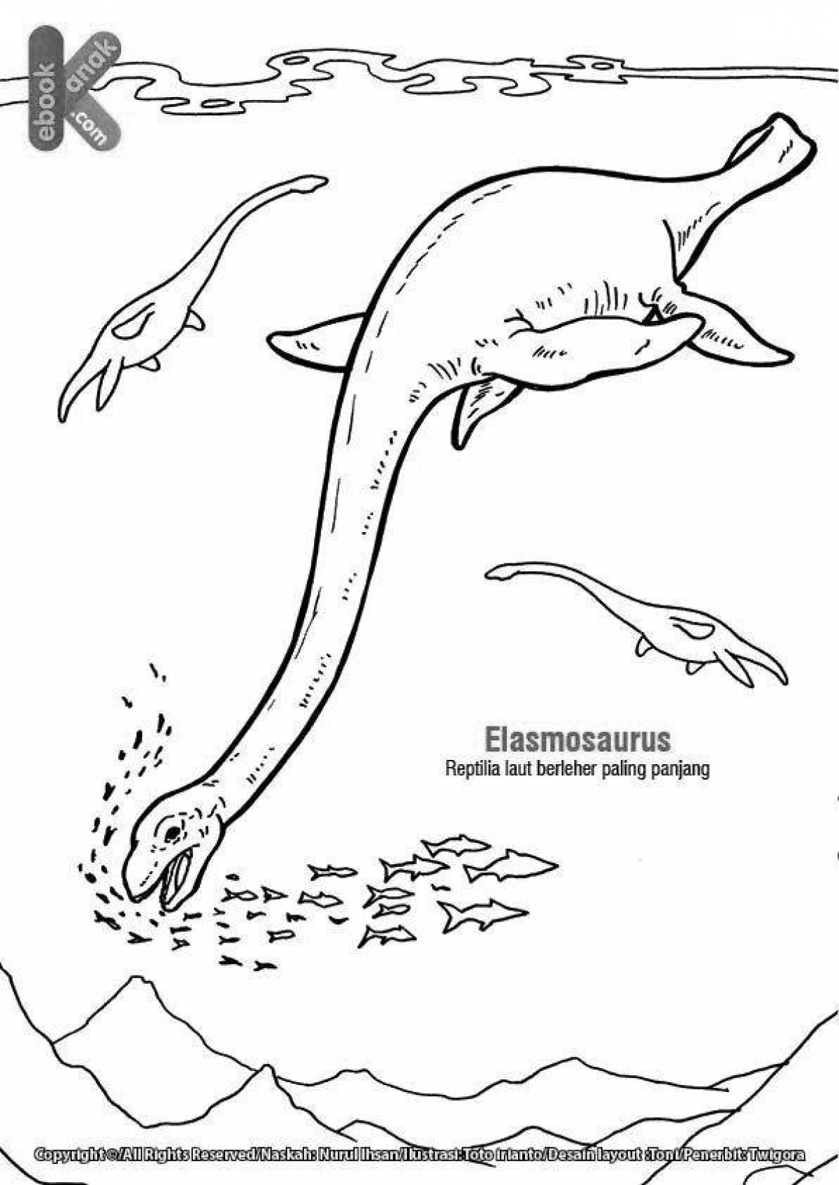 Раскраска радостный эласмозавр