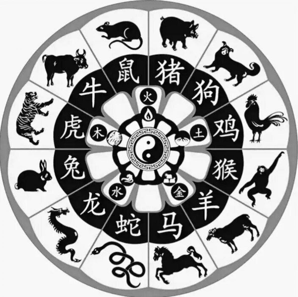 Радостный китайский календарь-раскраска