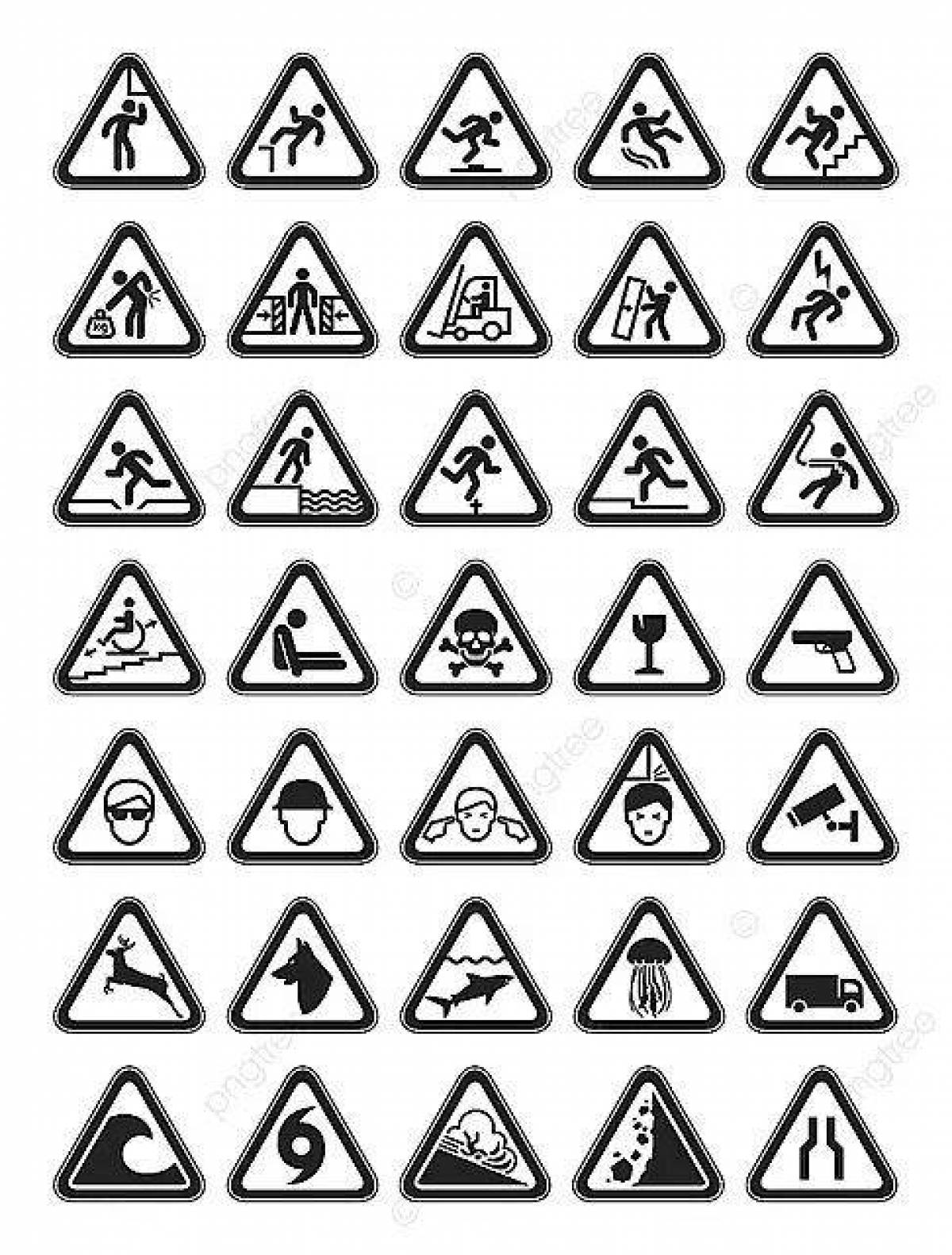 Coloring page with warning signs