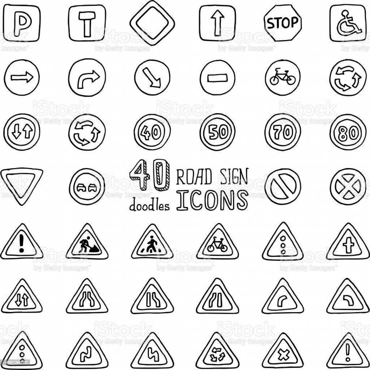 Detailed coloring page of warning signs