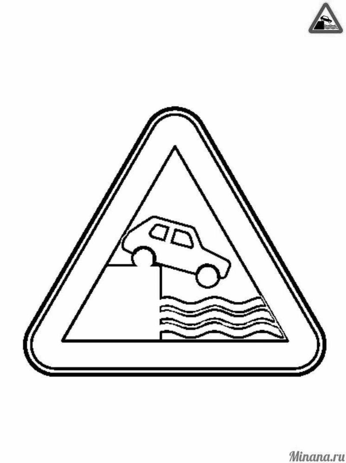 Coloring page with dynamic warning sign