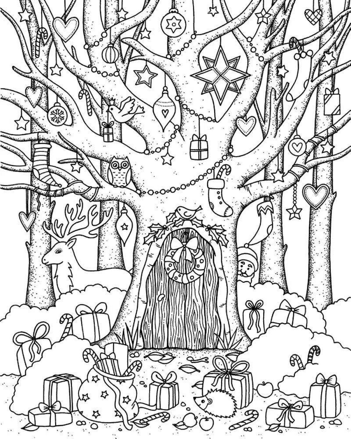 Заколдованный рисунок. Раскраска "сказочный лес". Раскраска для взрослых лес. Новогодний лес раскраска. Лес раскраска для детей.