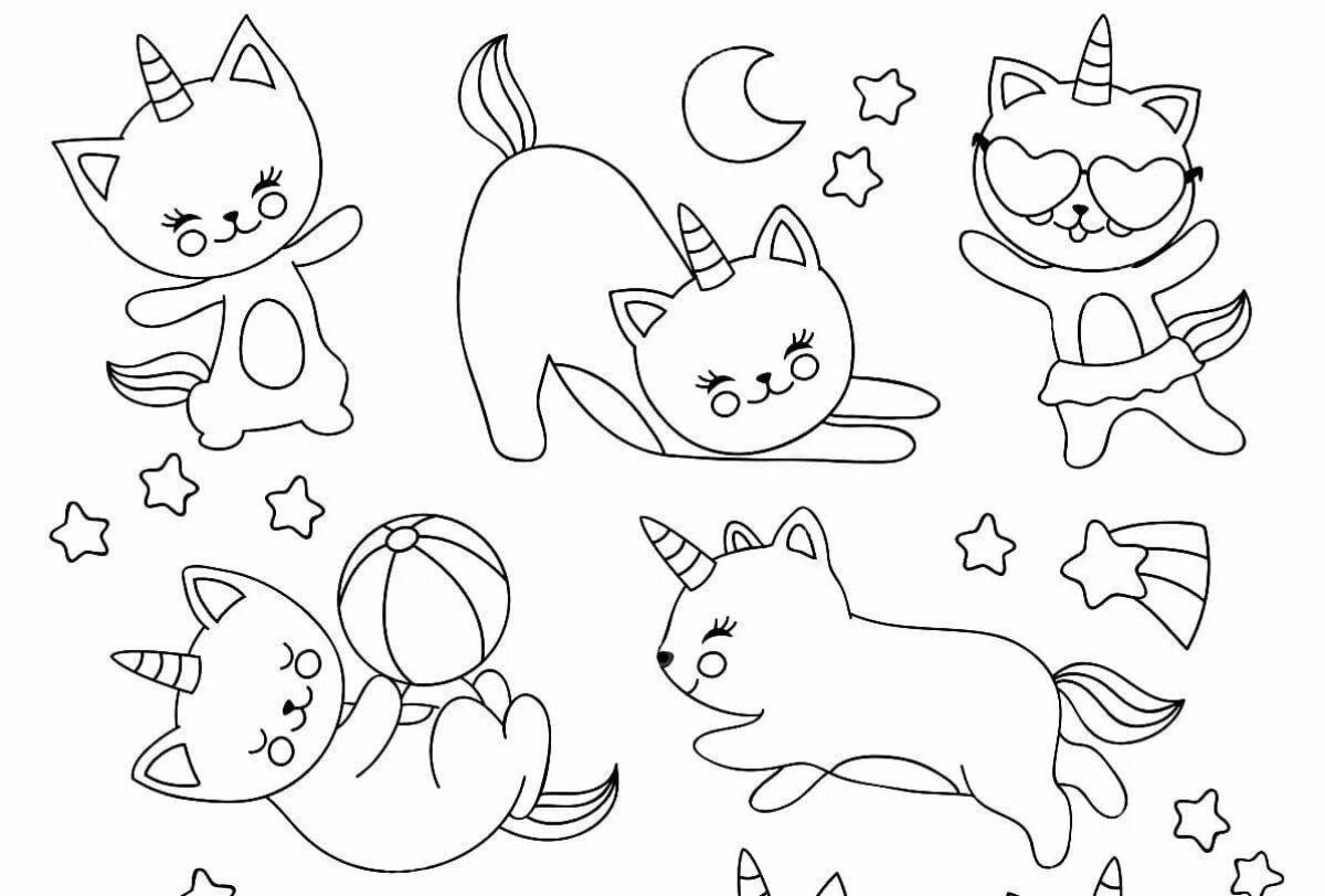Страница раскраски с наклейками озорных кошек