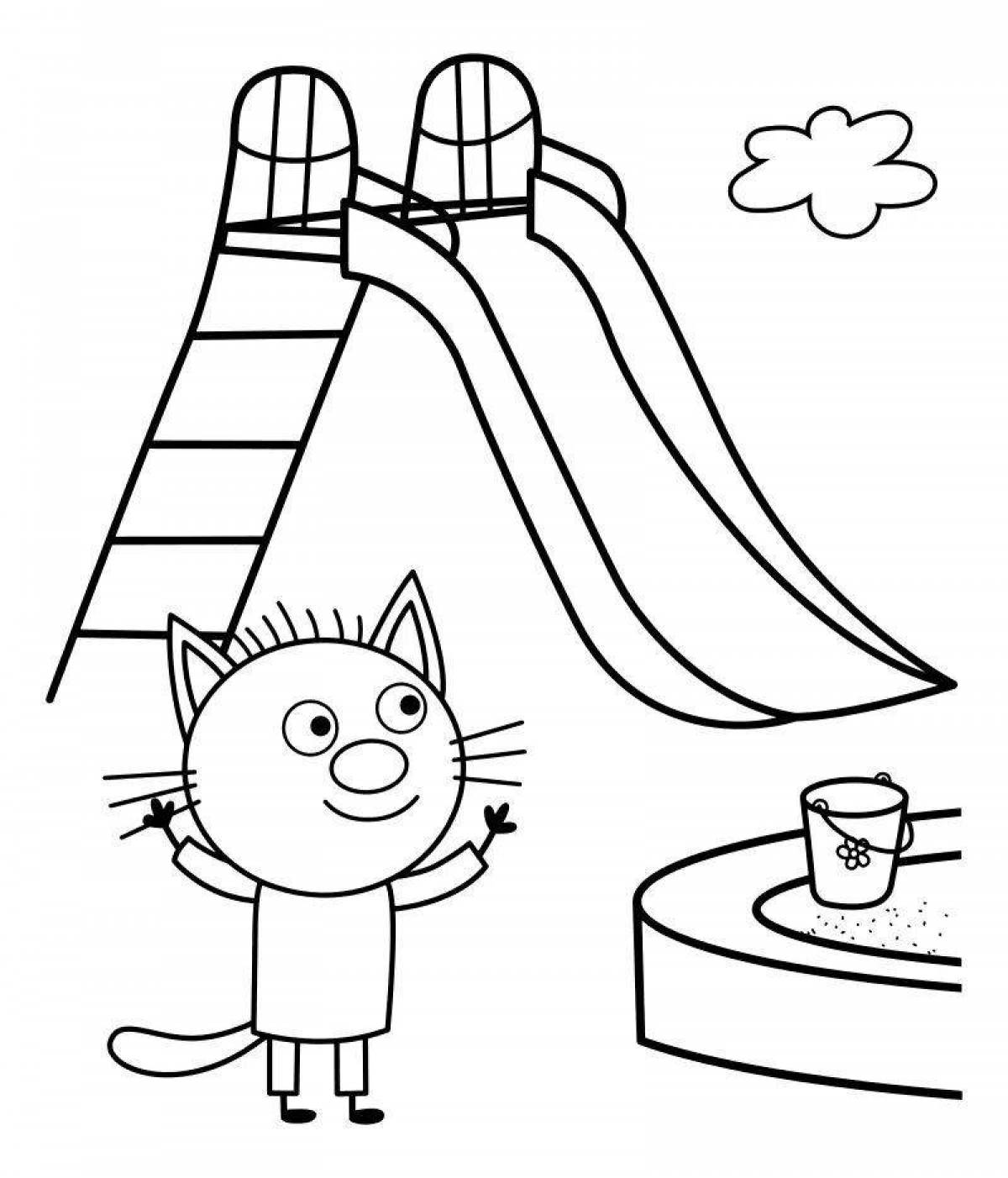 Colorful chasing three cats coloring page