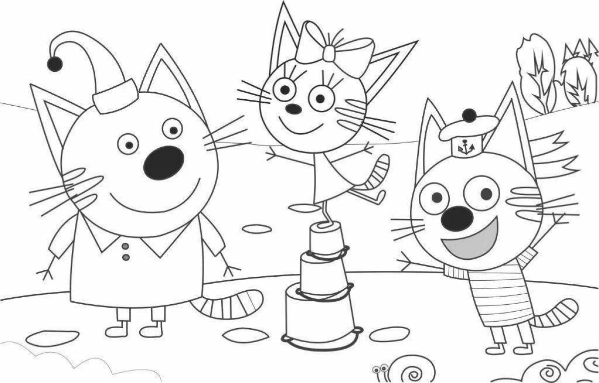 Three cats chasing fun coloring book