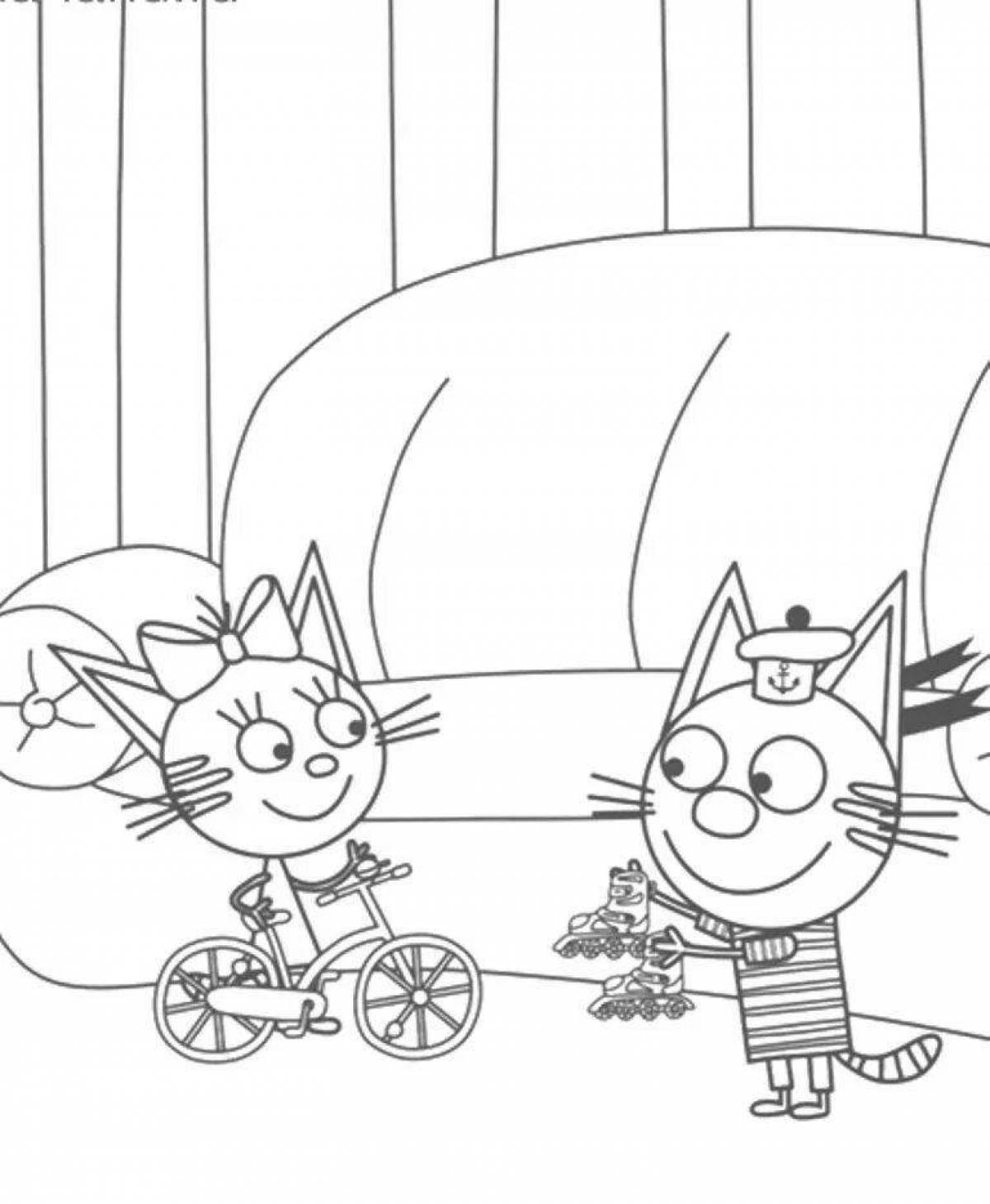 Coloring page energetic pursuit of three cats
