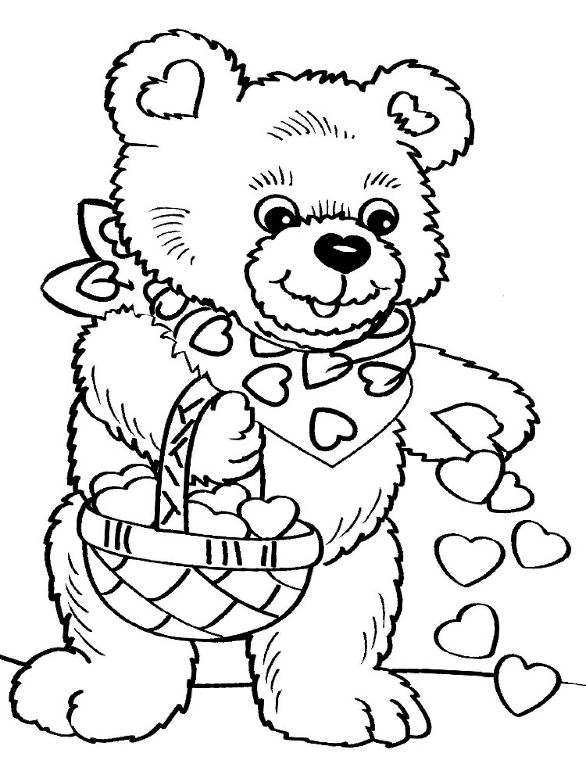 Teddy bear with a basket of hearts