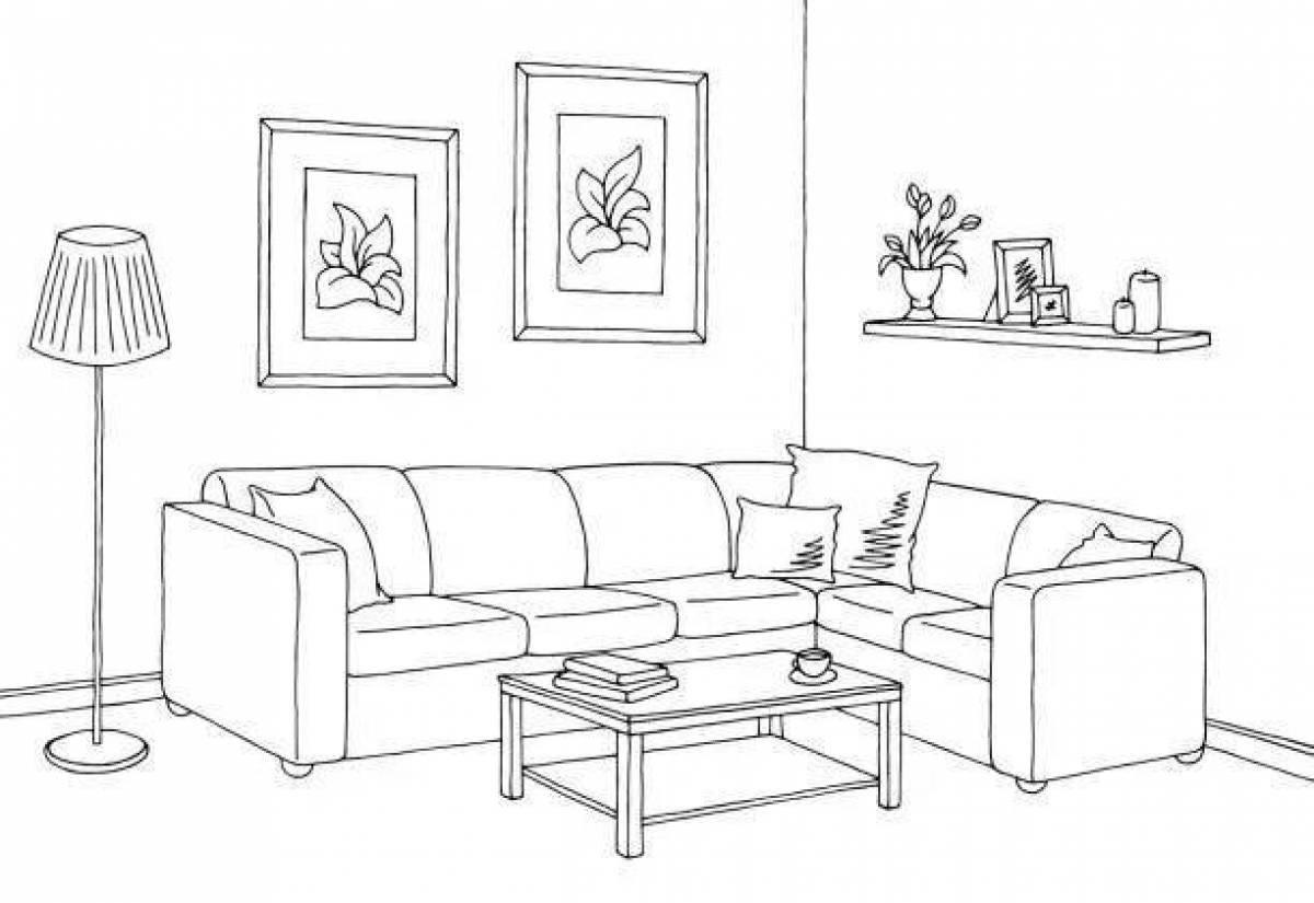 Playful living room coloring page