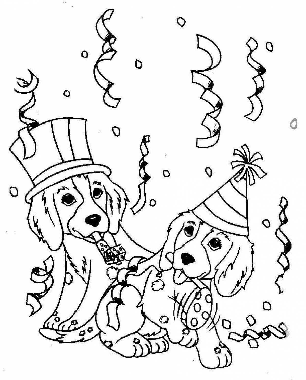 Coloring book glowing Christmas dog