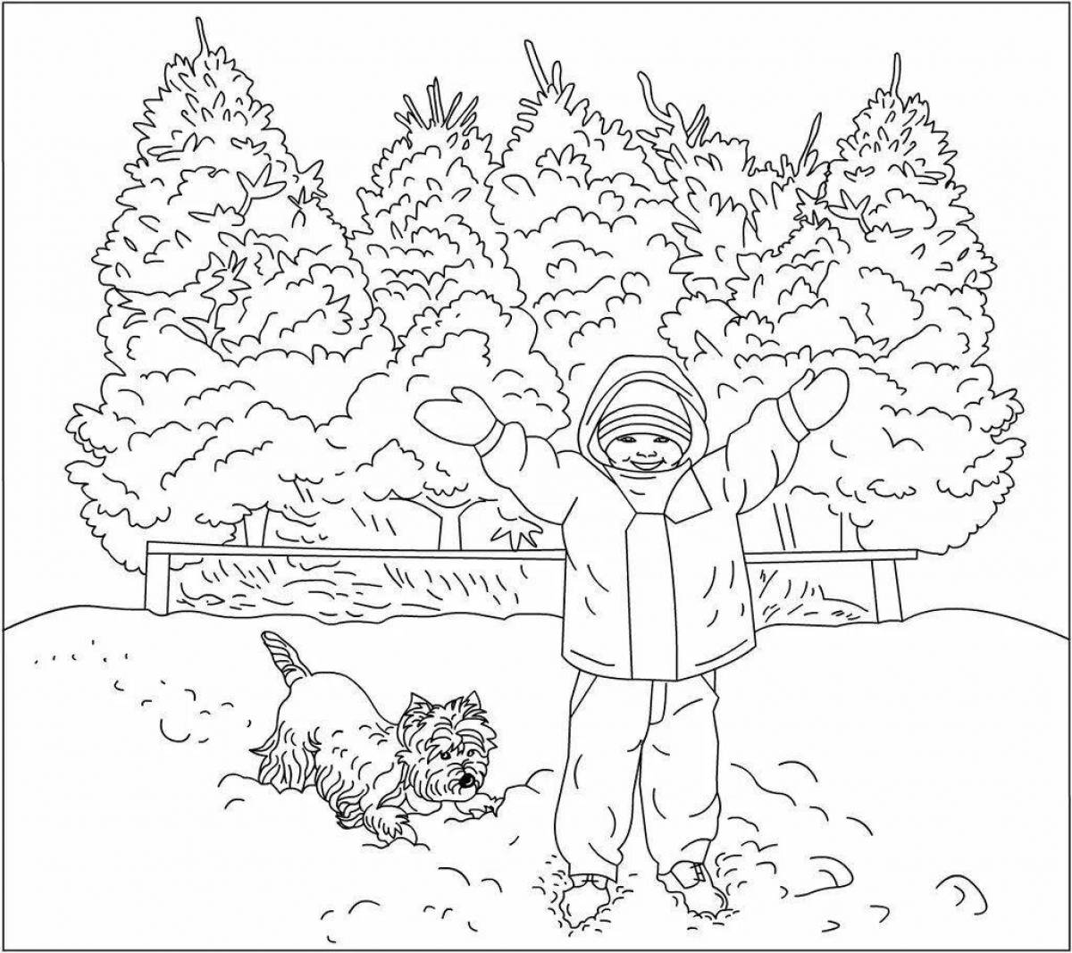 Scenic winter walk coloring book