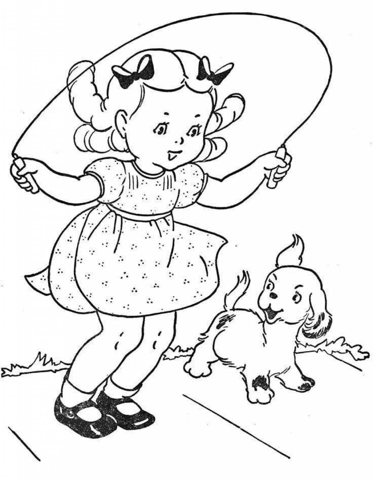 Adorable coloring book girl with a dog