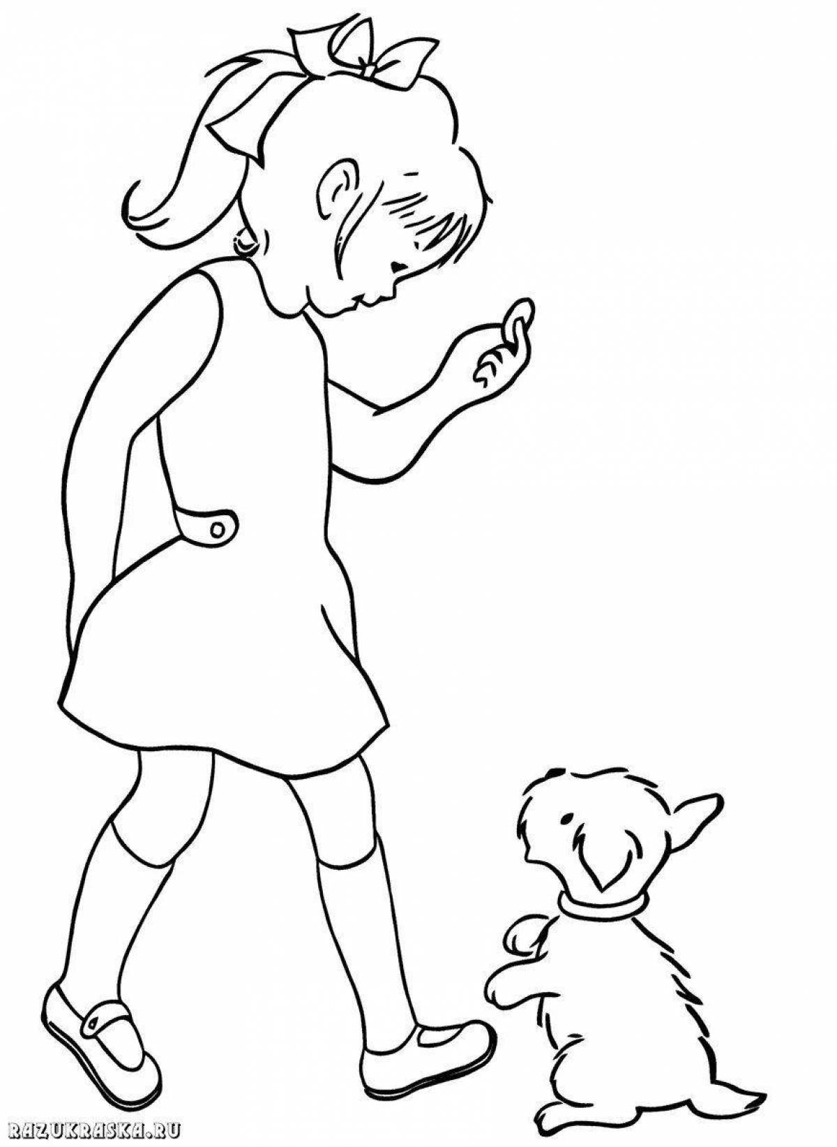 Playful coloring girl with a dog