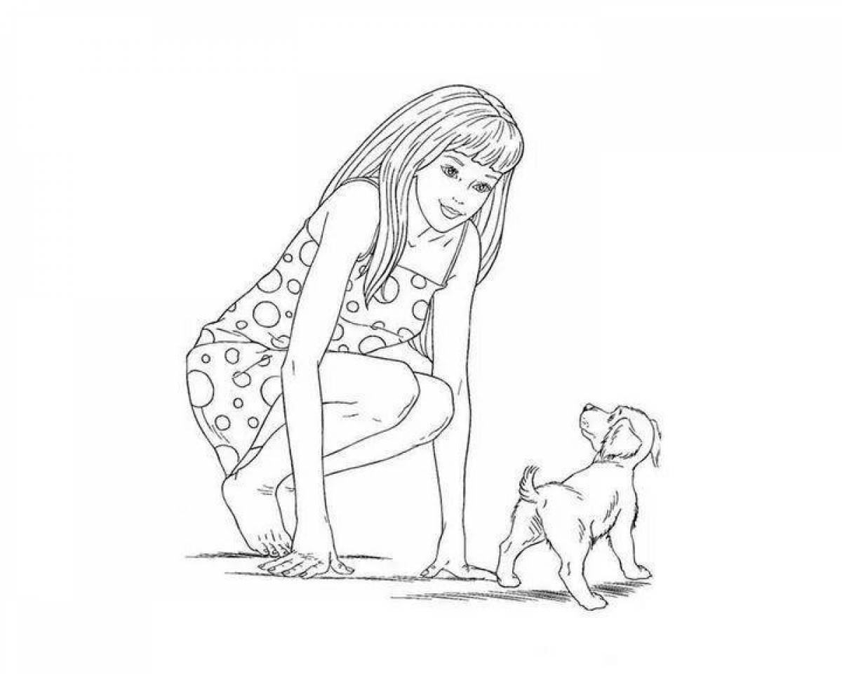 Cute coloring girl with a dog