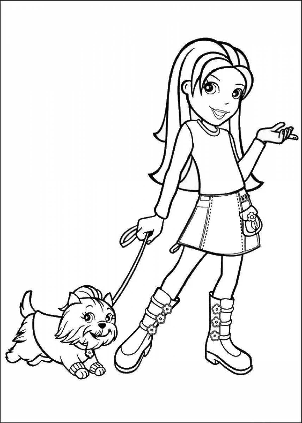 Violent coloring girl with a dog