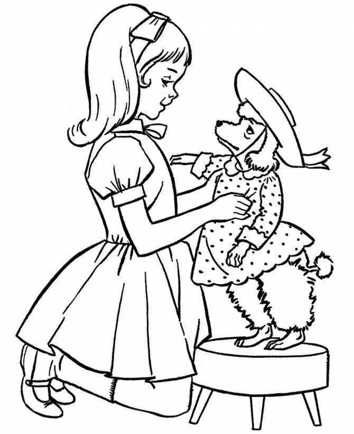 Fun coloring girl with a dog