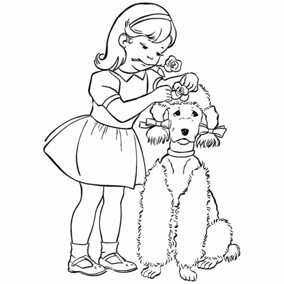 Dazzling coloring girl with a dog