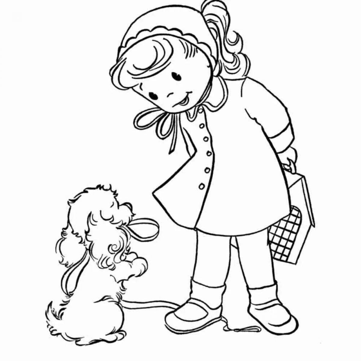 Сияющая раскраска девочка с собакой