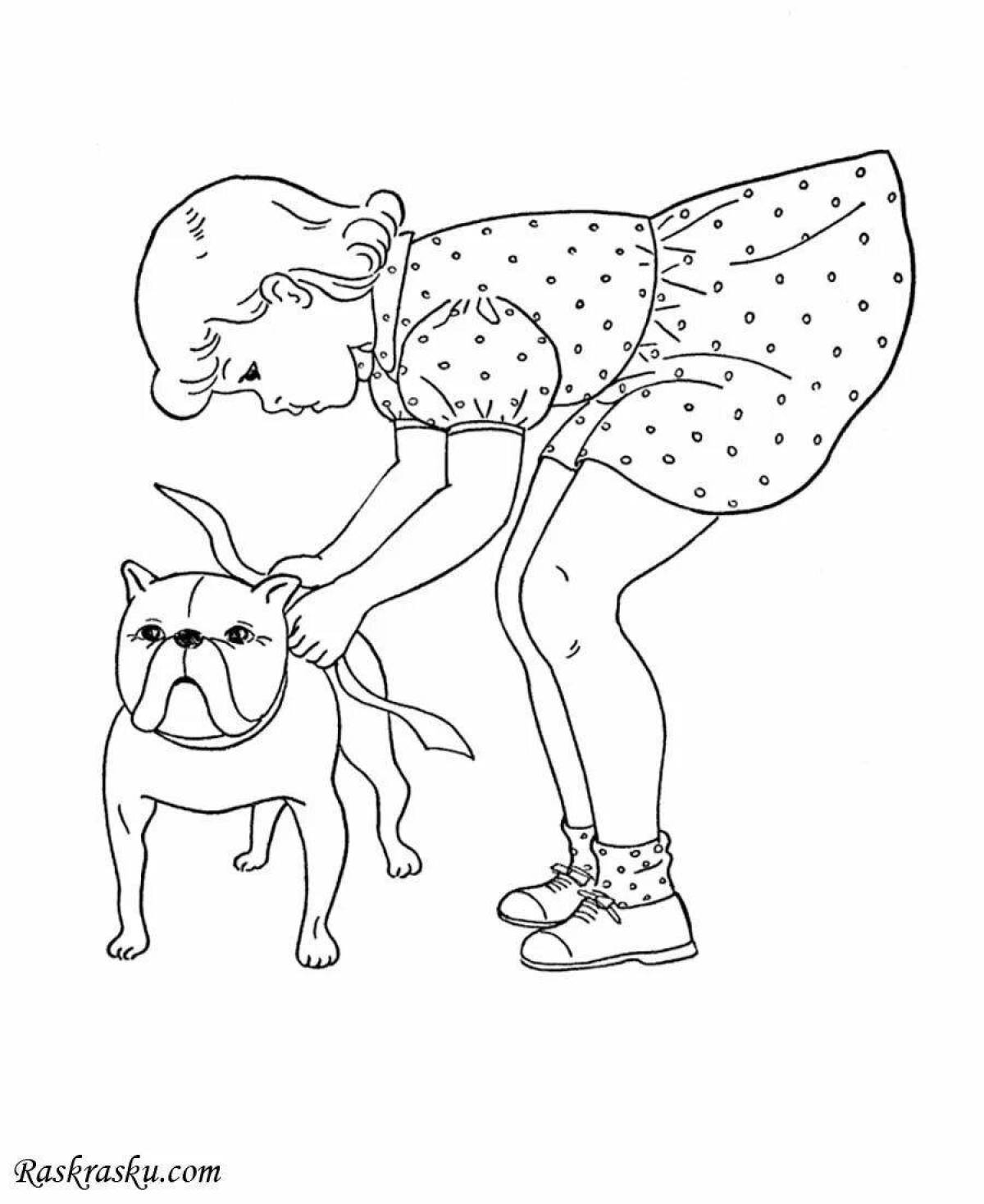 Charming coloring book girl with a dog