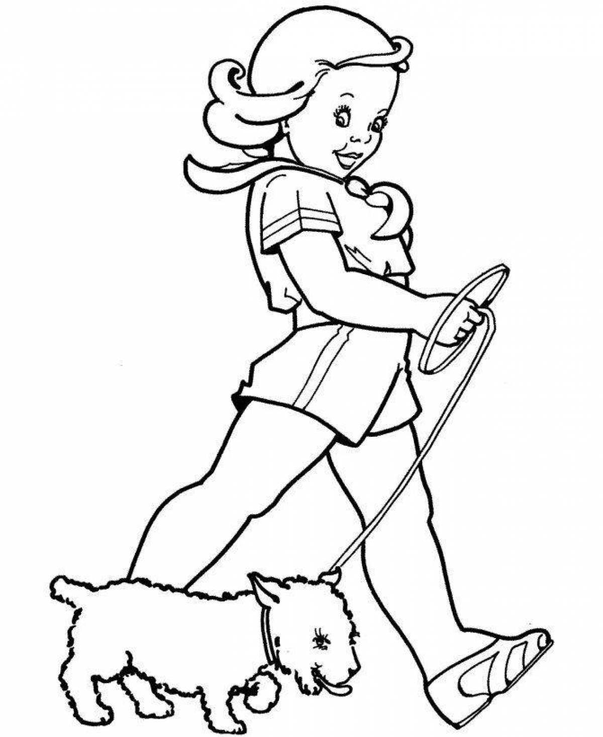 Touching coloring girl with a dog
