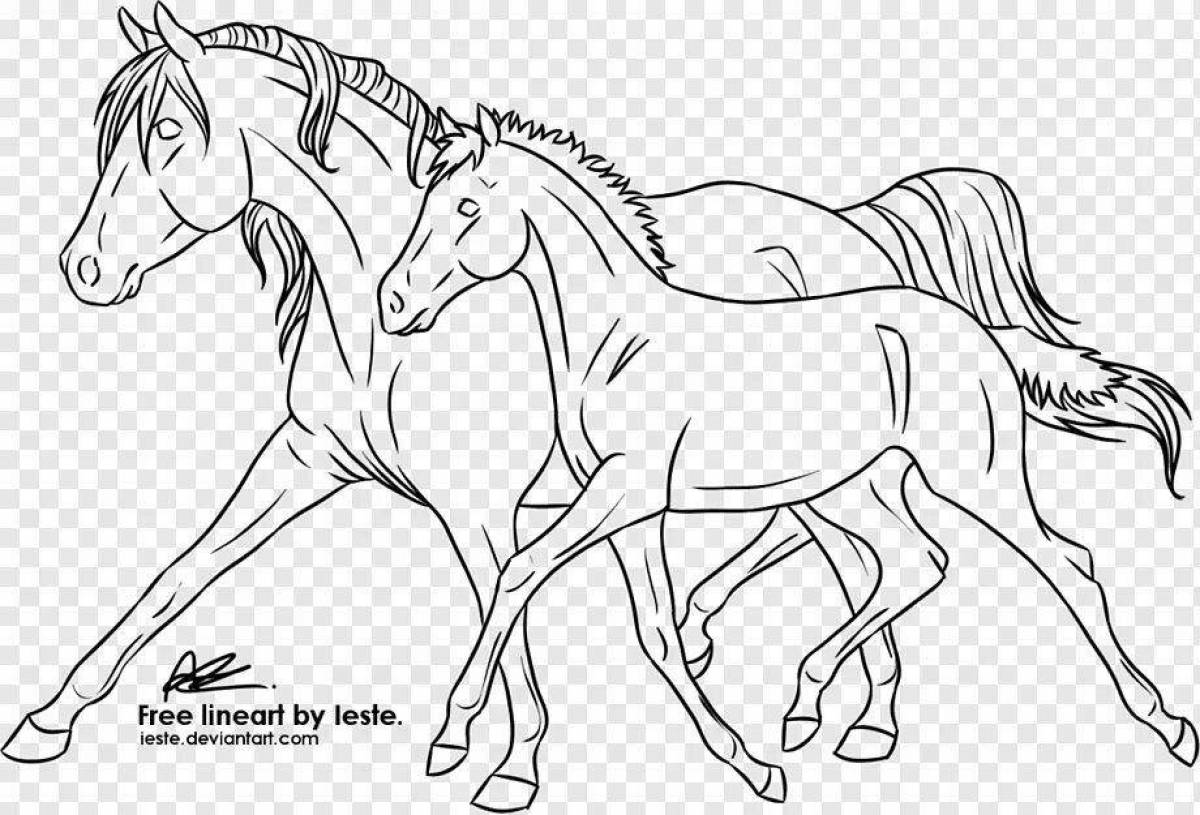 Radiant coloring page horse with fog