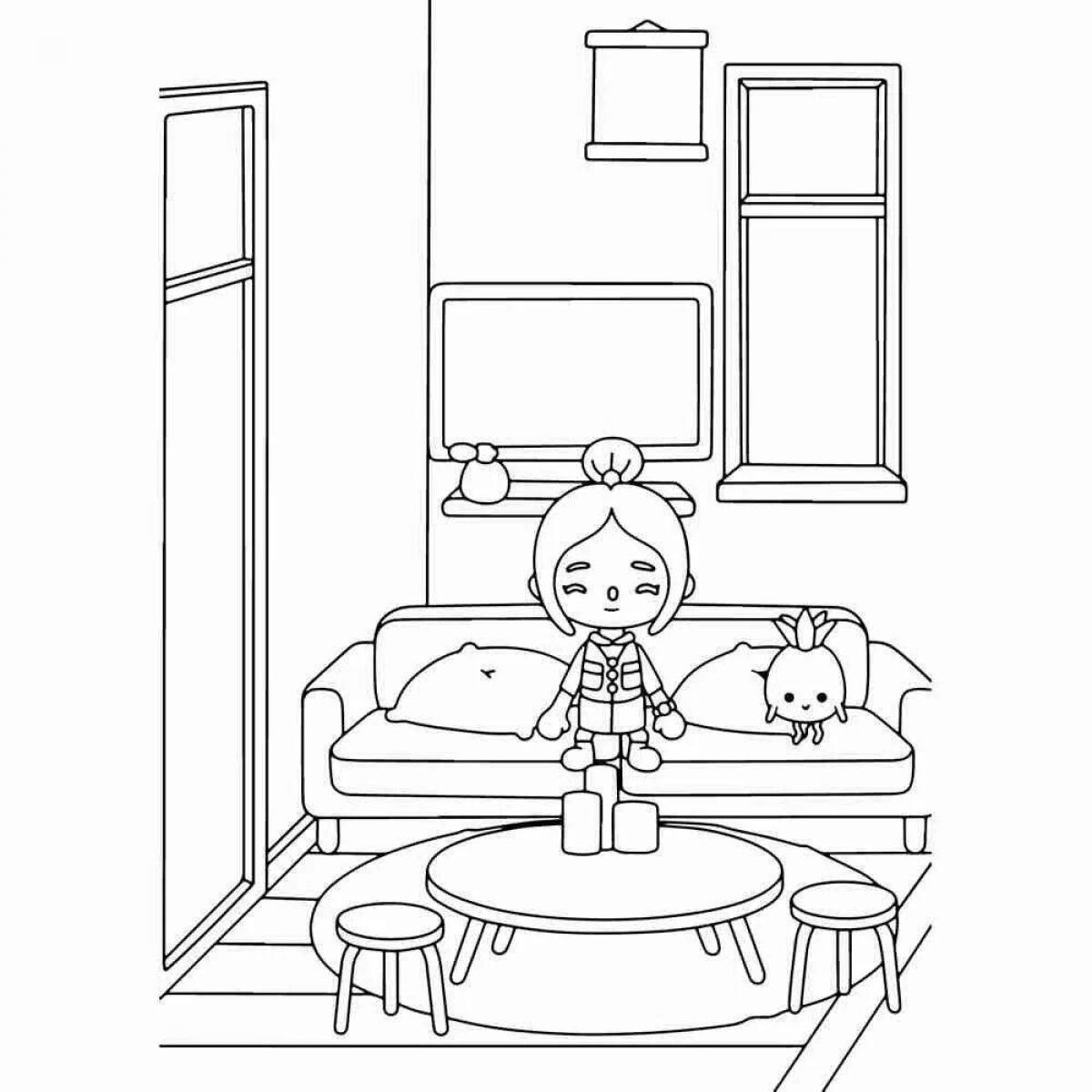 Colorful coloring page of the current bok shop
