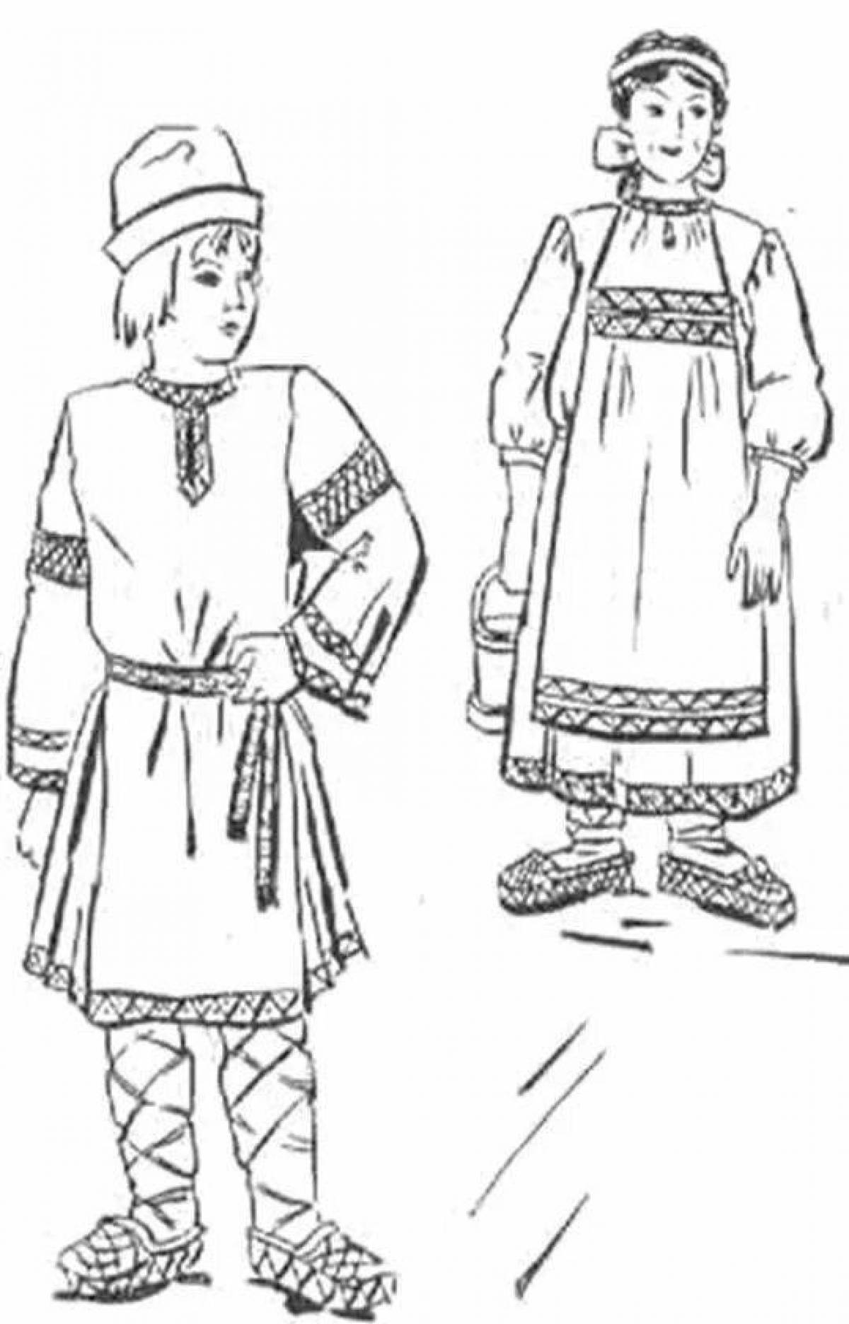 Coloring page elegant Russian folk clothes