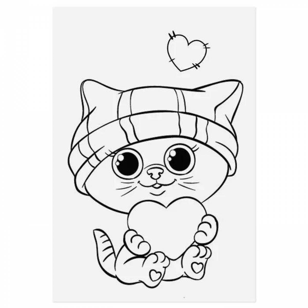 Фото Радостный котенок с сердечком раскраска