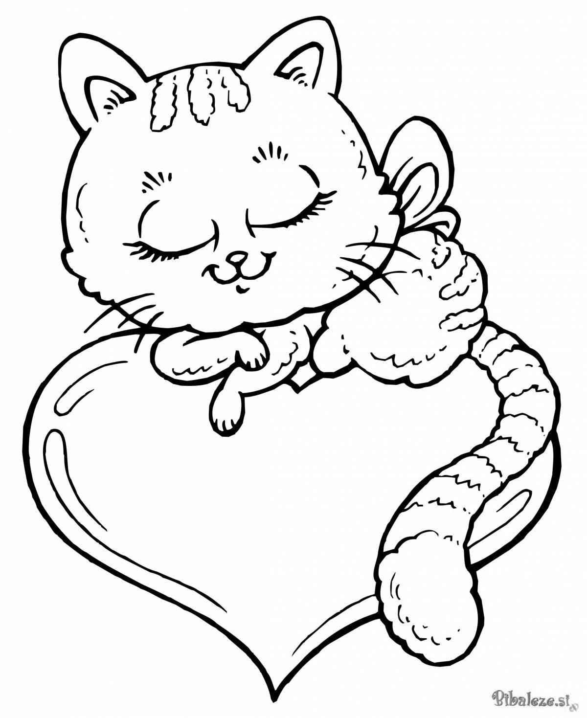 Фото Раскраска спокойный котенок с сердечком