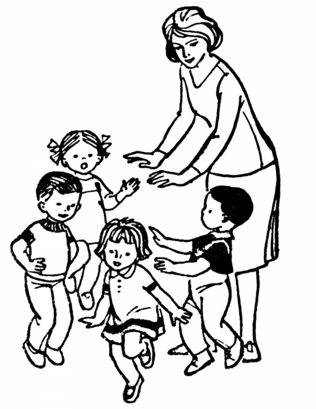 Coloring page joyful kindergarten teacher and children