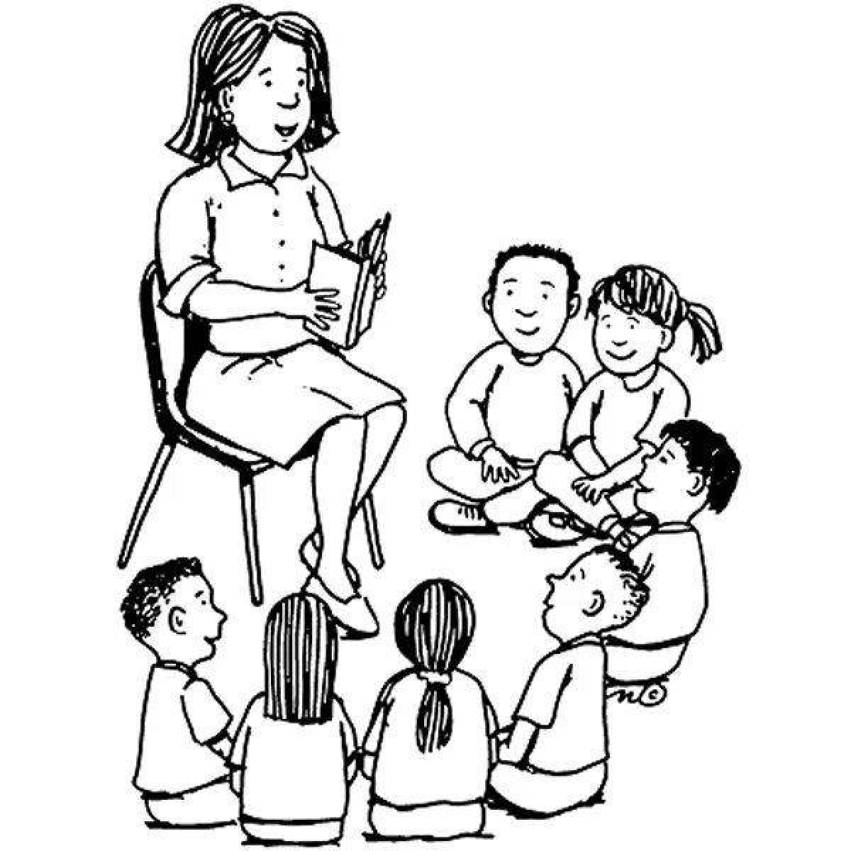 Colorful kindergarten teacher and children coloring page
