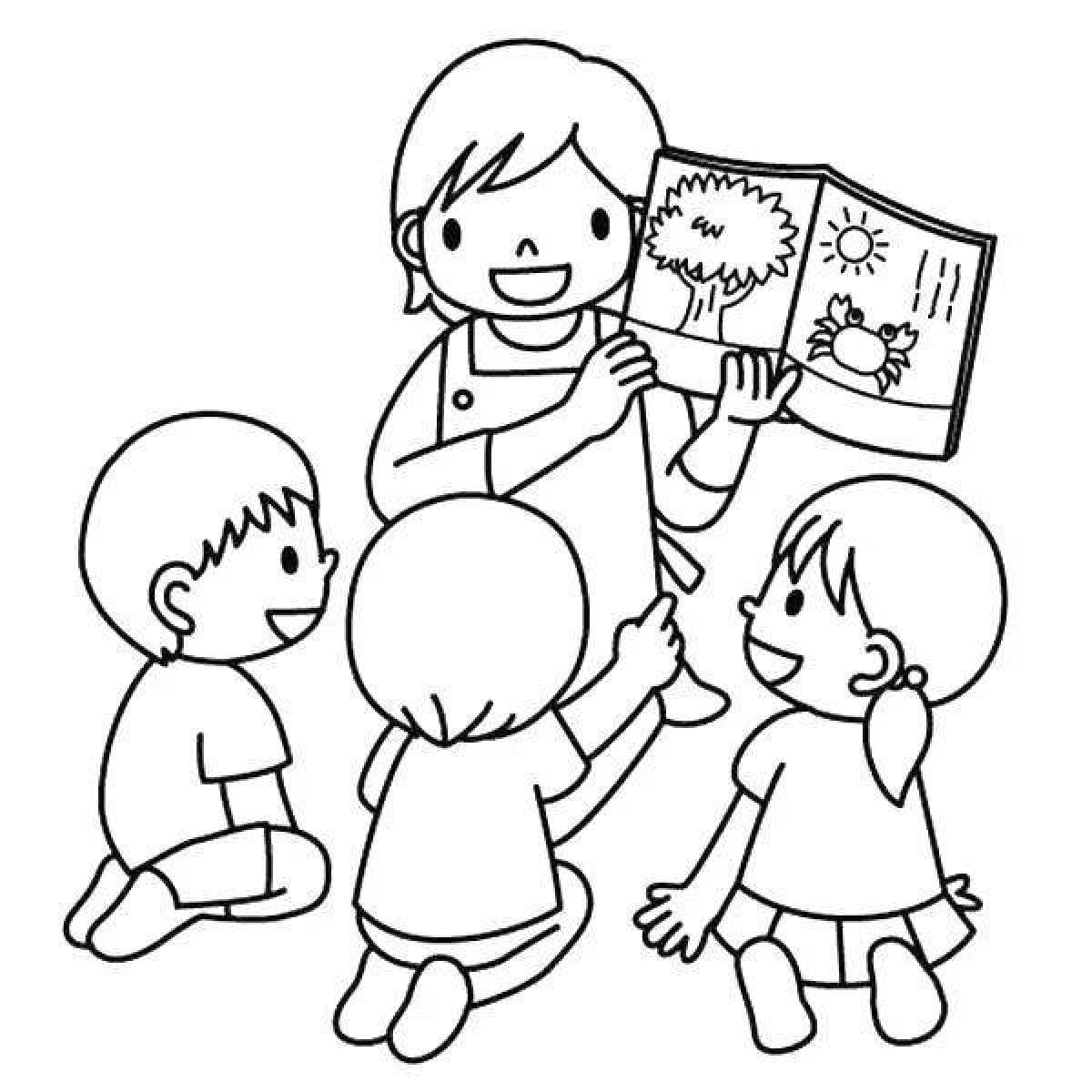 Kindergarten teacher and children coloring page