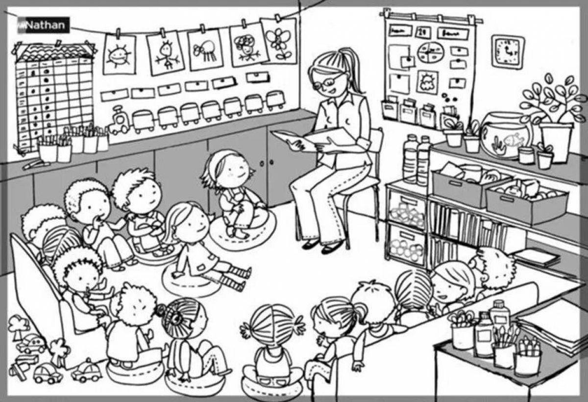 Kindergarten teacher and flower-obsessed kids coloring book