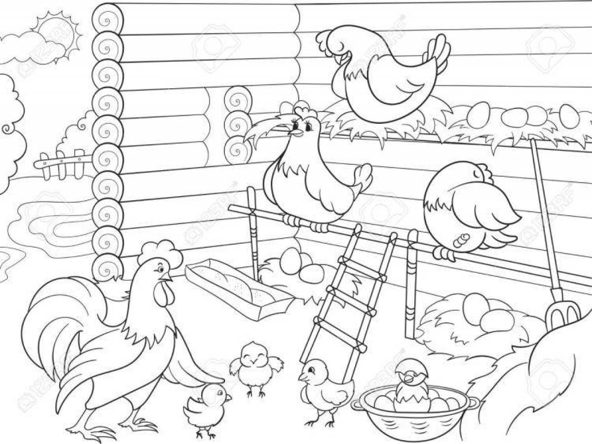 Освежающая страница раскраски птичьего двора