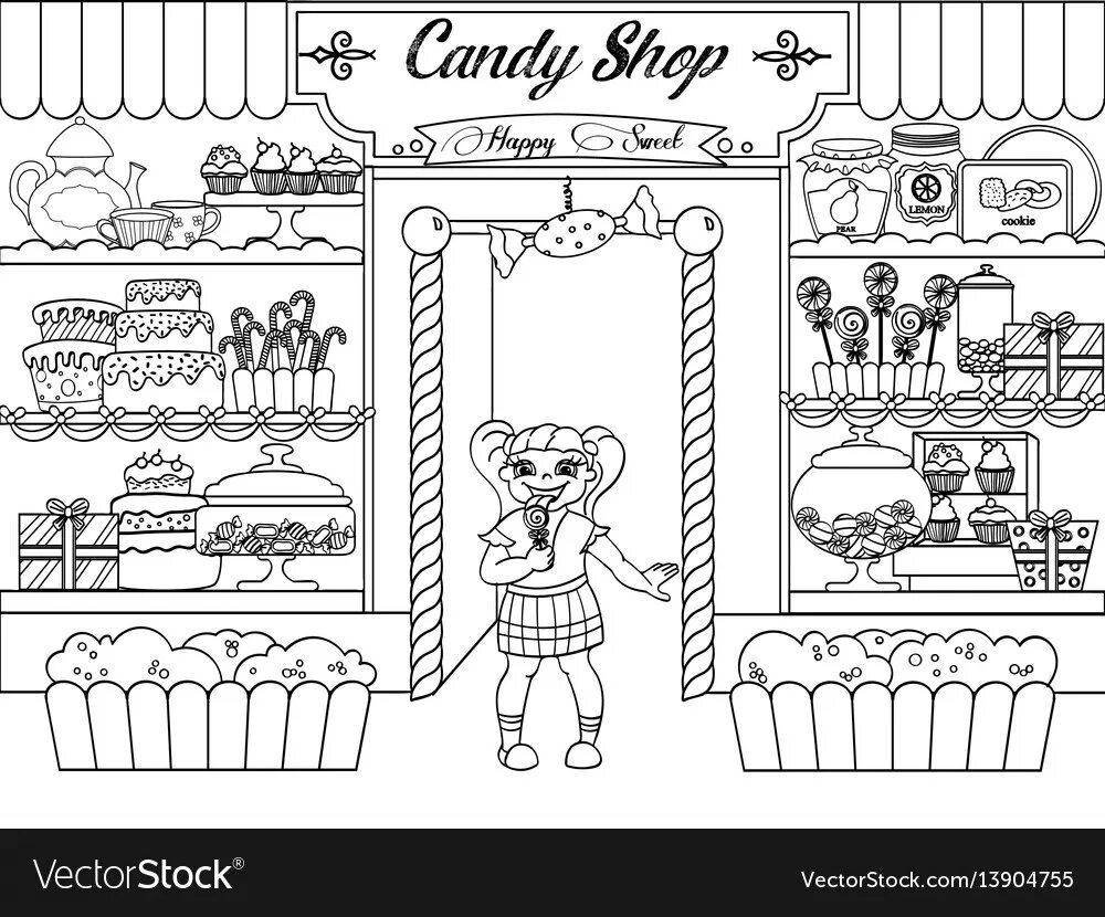 Coloring page inviting shop window