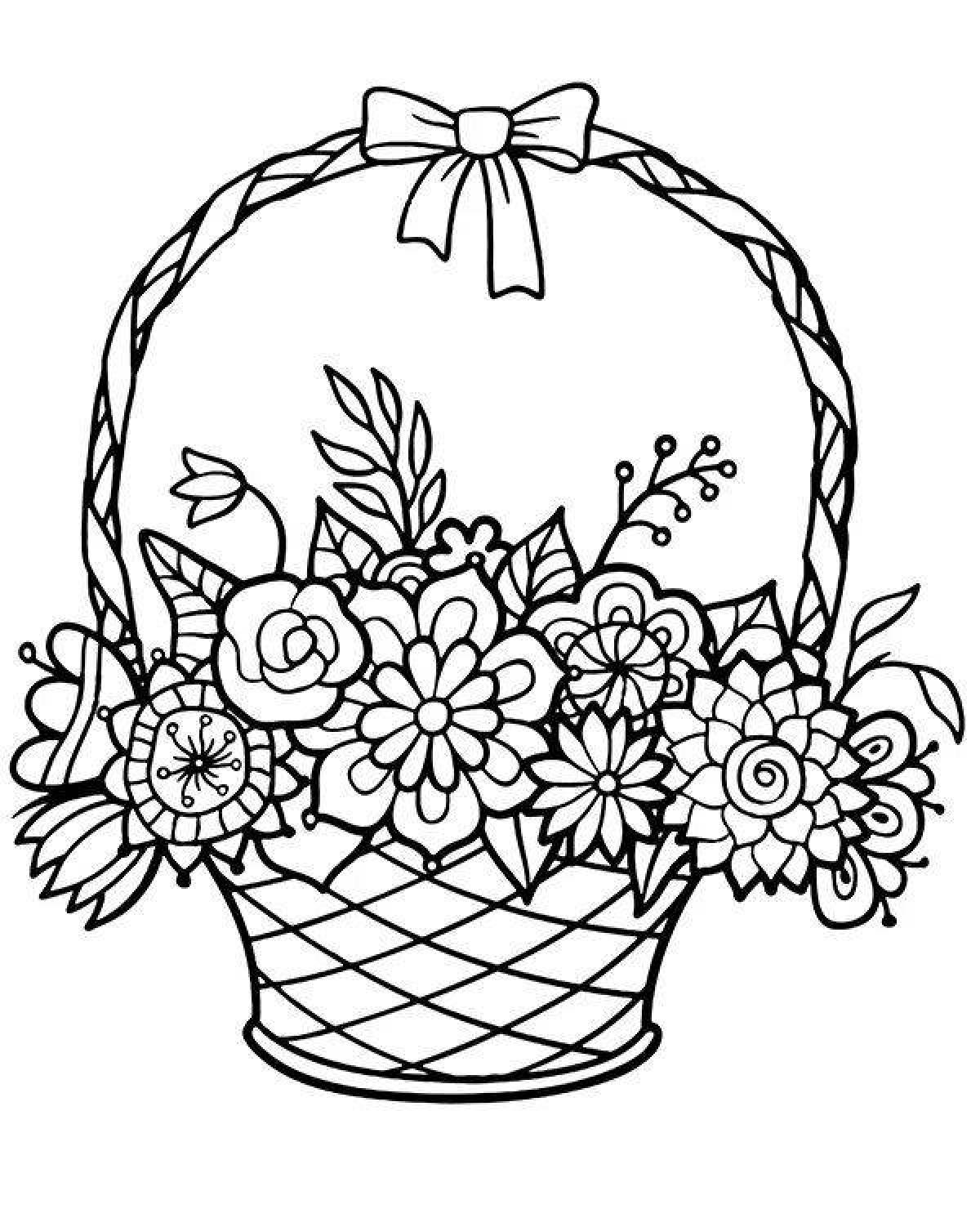 Coloring book gorgeous basket of flowers