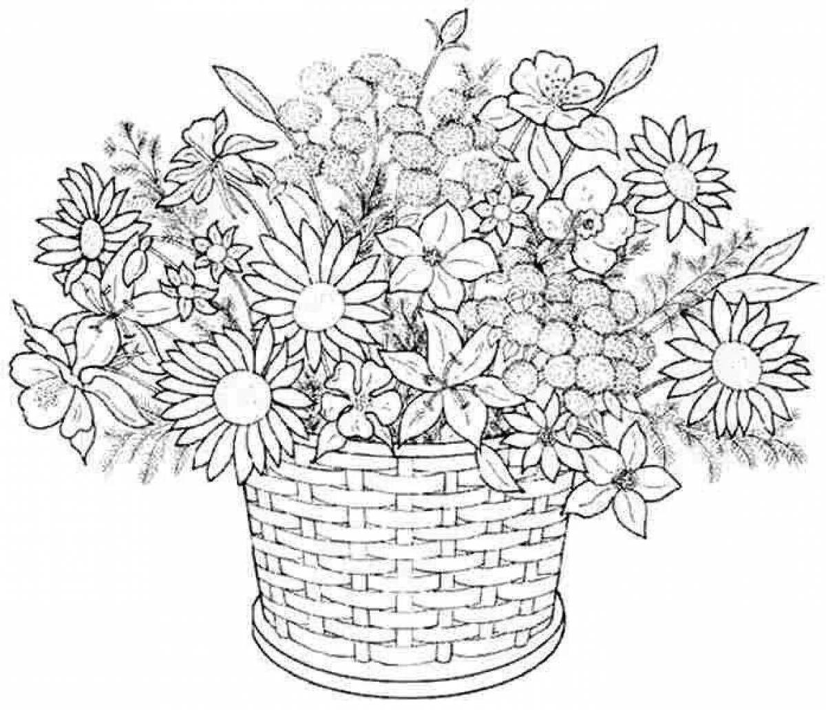 Coloring book amazing basket of flowers