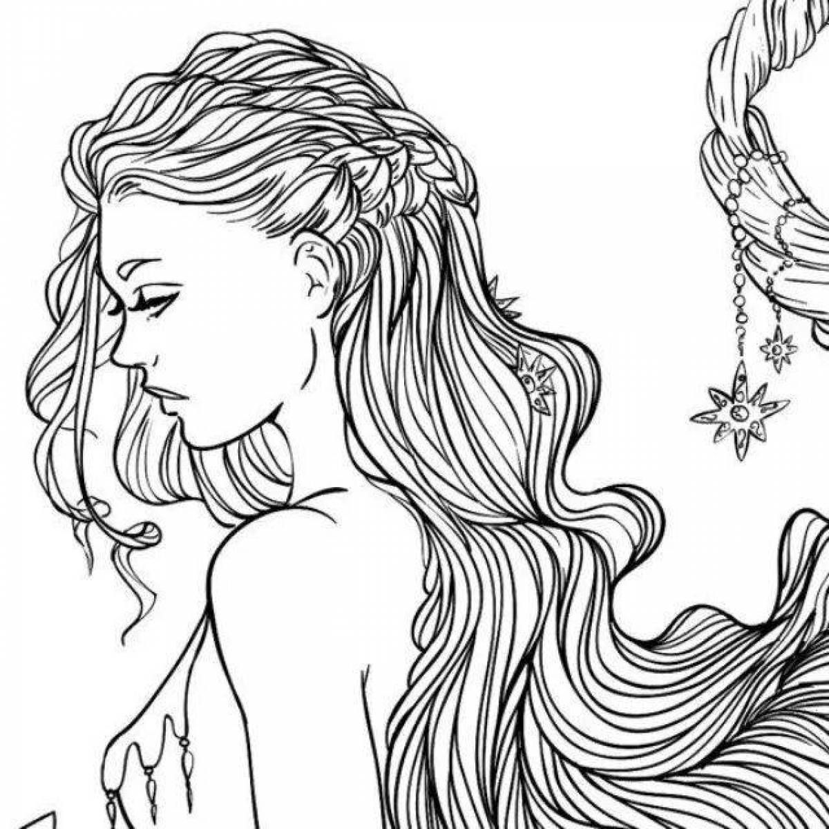 Мечтательная раскраска девушки с длинными волосами
