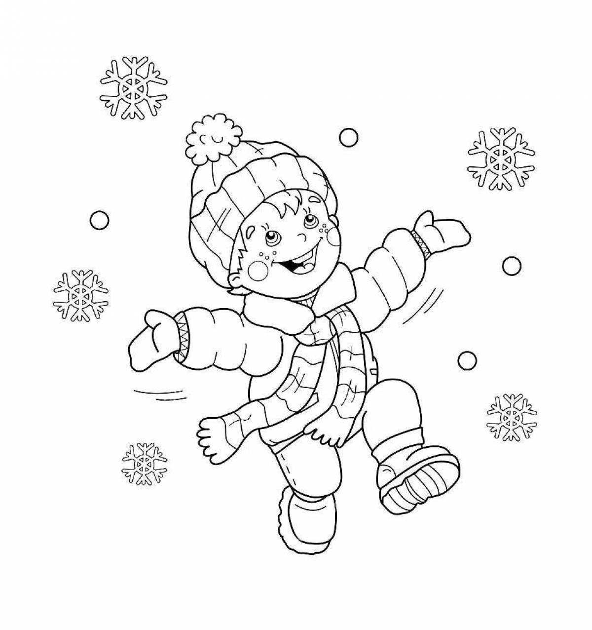 Violent coloring boy in winter clothes