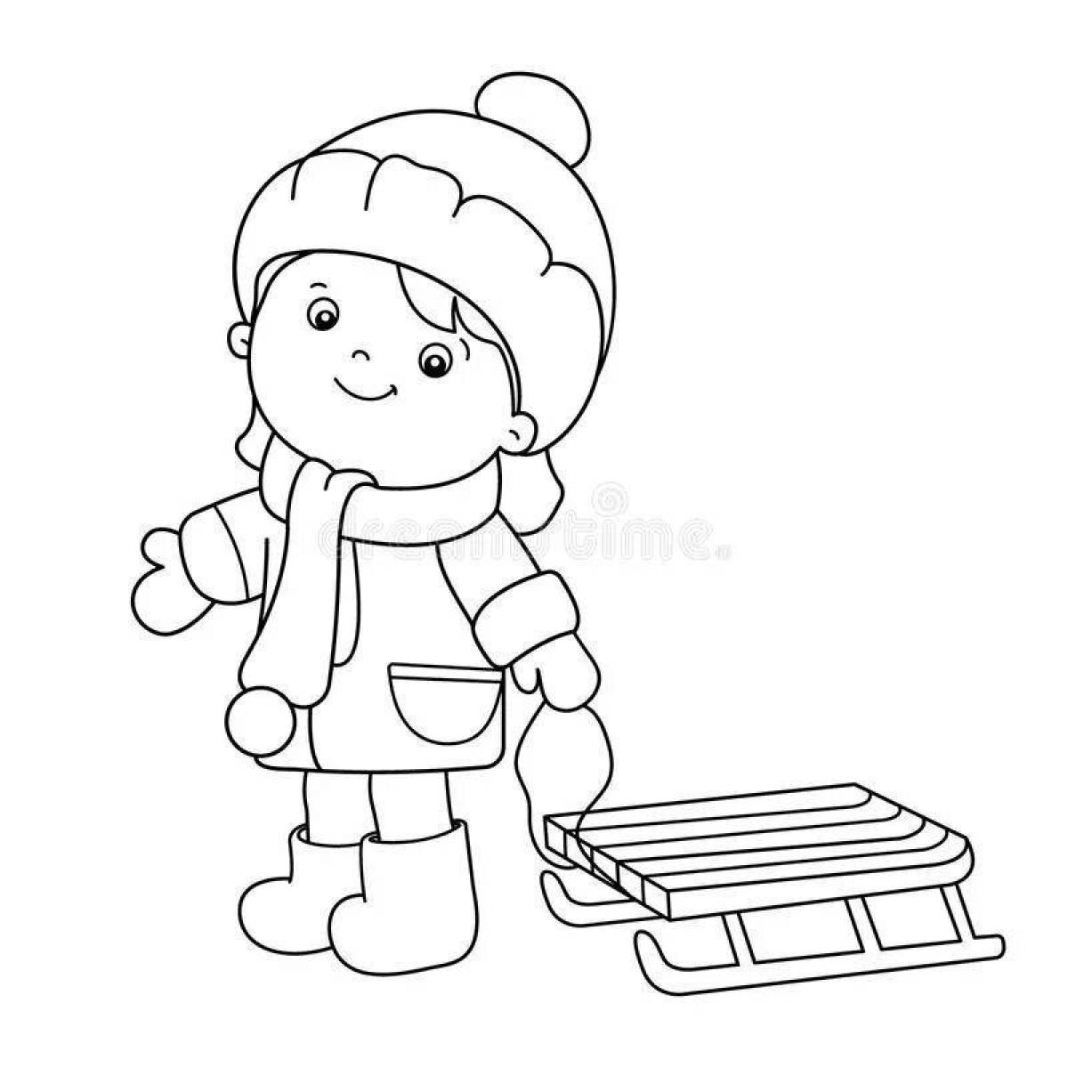 Comfortable coloring boy in winter clothes