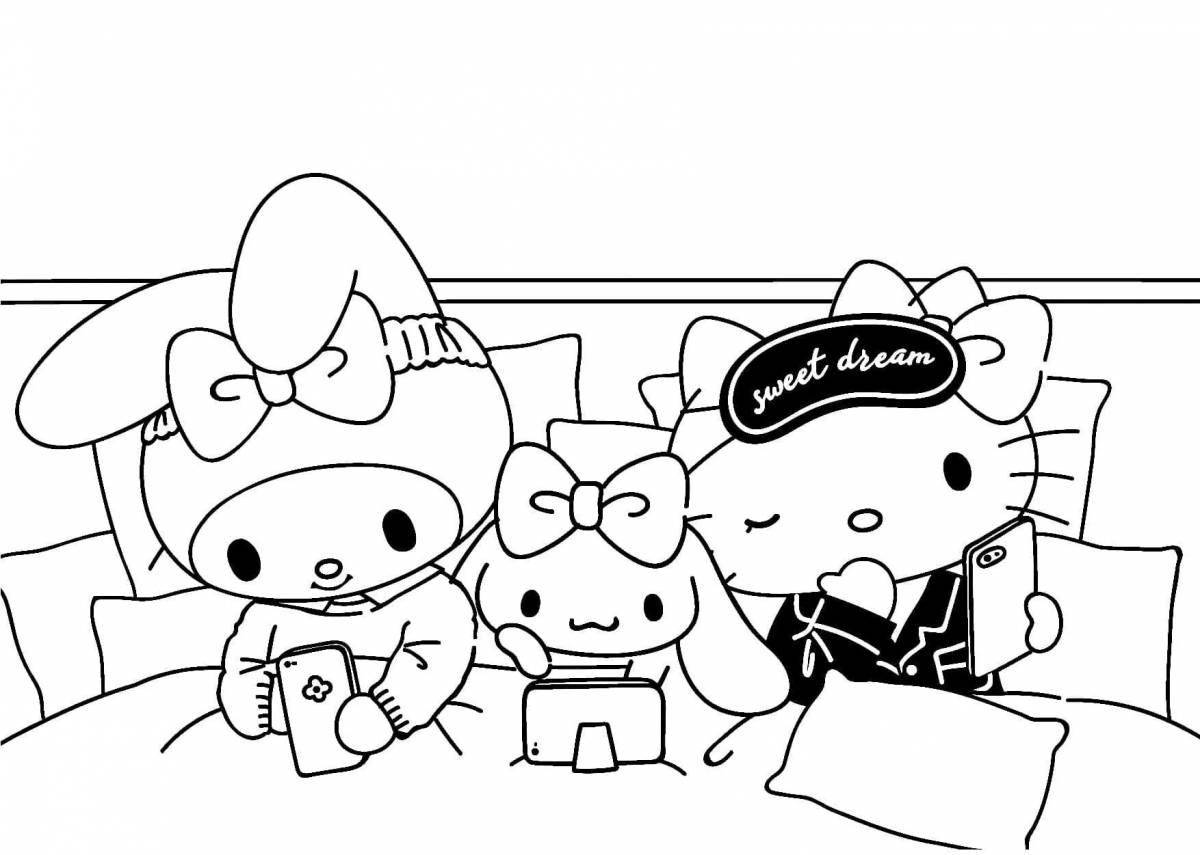 Flower-obsessed chickens and hello kitty coloring page
