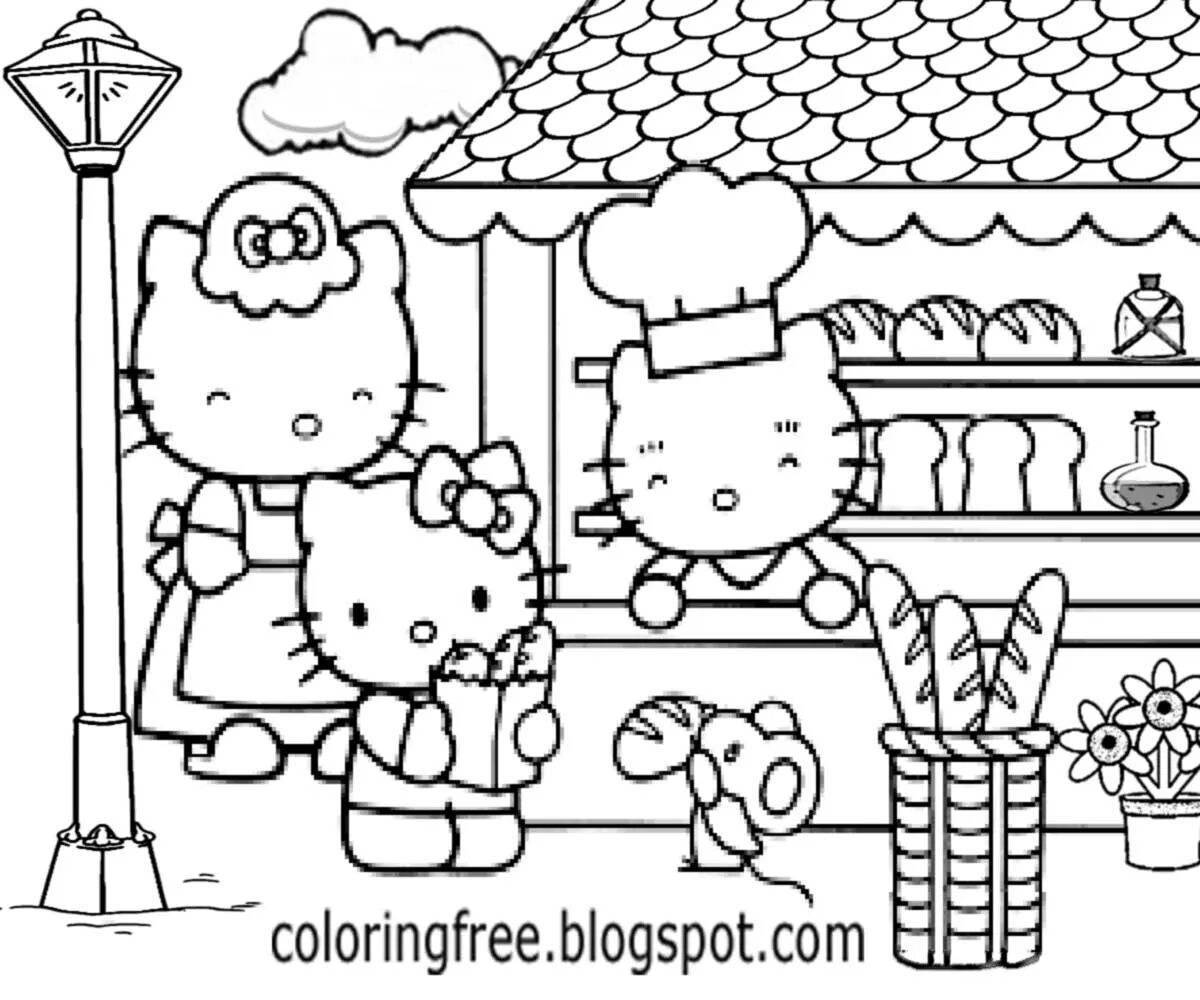 Color-mad chickens and hello kitty coloring page