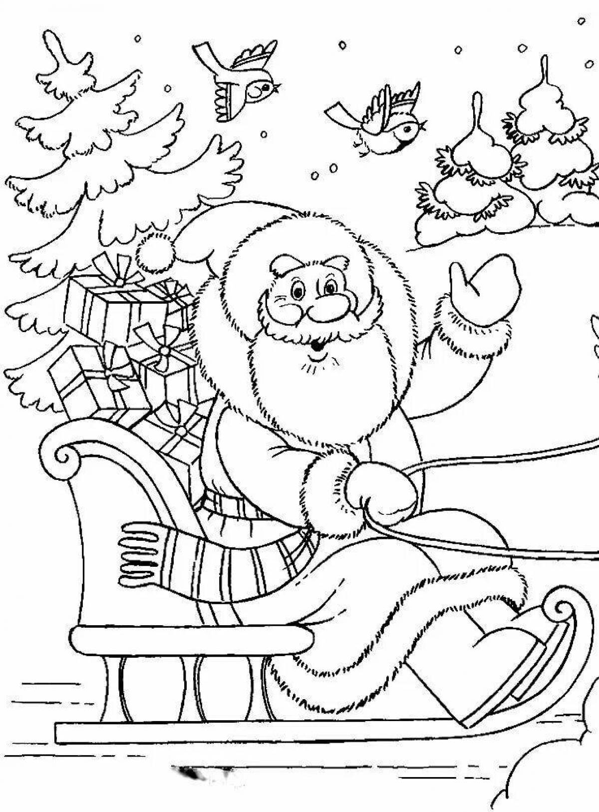 Coloring page happy santa claus on sleigh