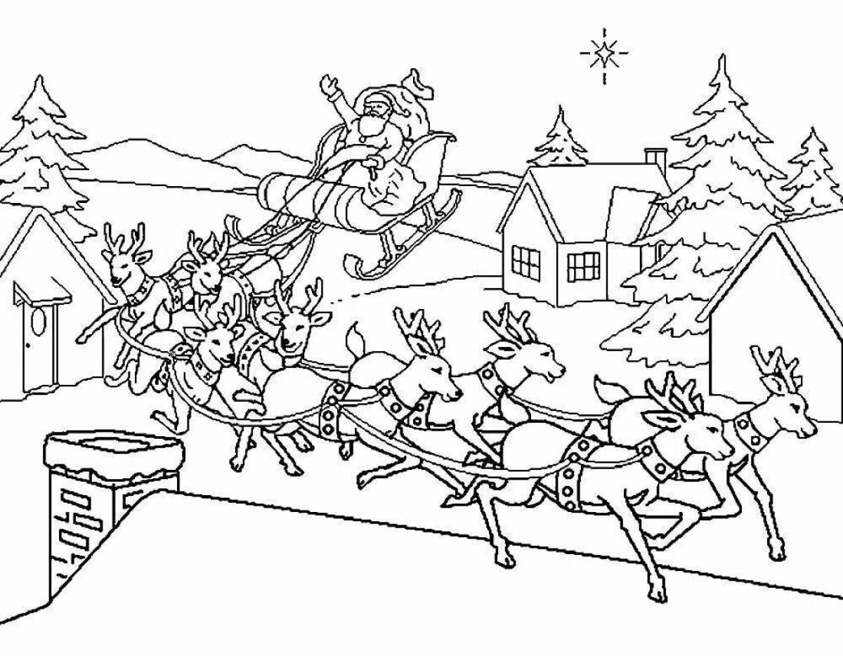 Coloring page festive Santa Claus on a sleigh