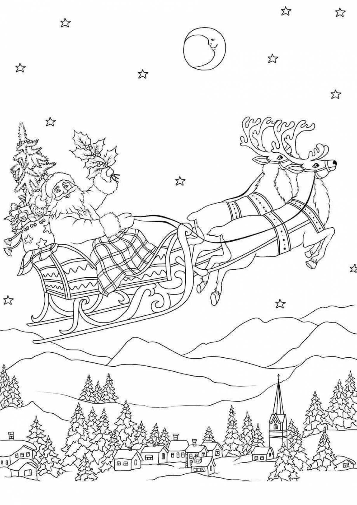Coloring bright Santa Claus on a sleigh