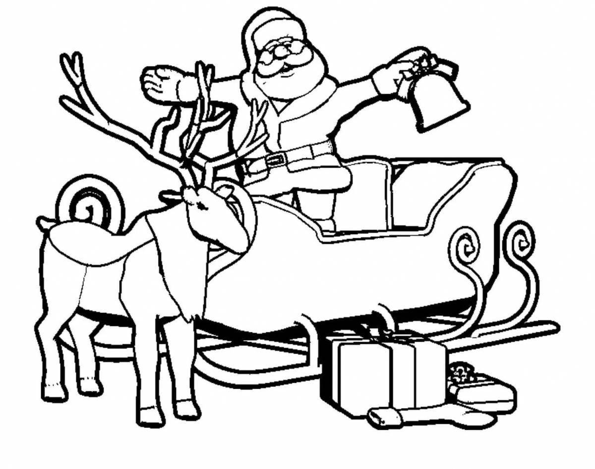 Colorful santa claus on sleigh coloring book