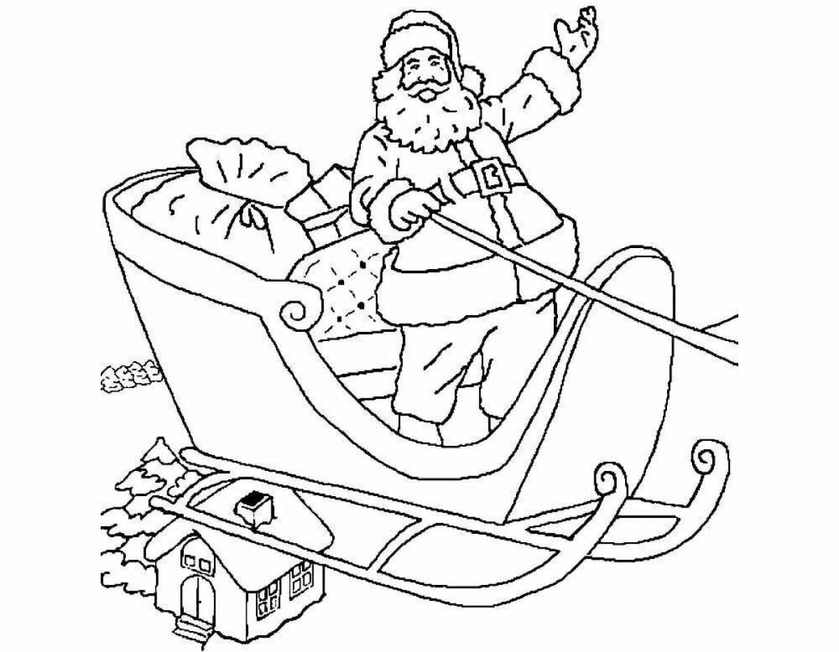 Coloring page glowing santa claus on sleigh