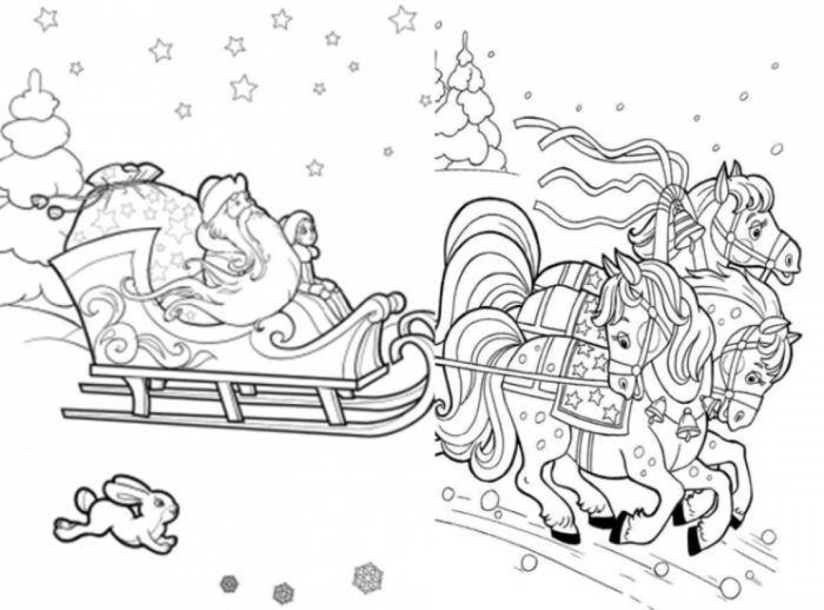 Coloring book shining santa claus on sleigh
