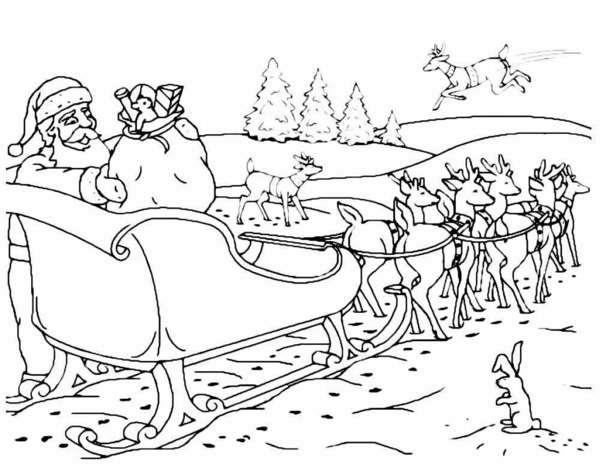 Coloring page nice santa claus on sleigh