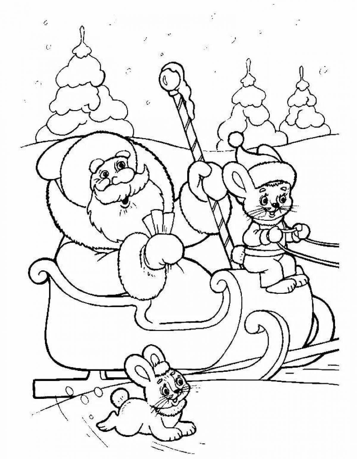 Coloring page glamorous Santa Claus on a sleigh